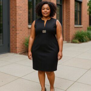 Calvin Klein Black Sheath Dress Sleeveless V-Neck Midi with Gold Accent, Size L